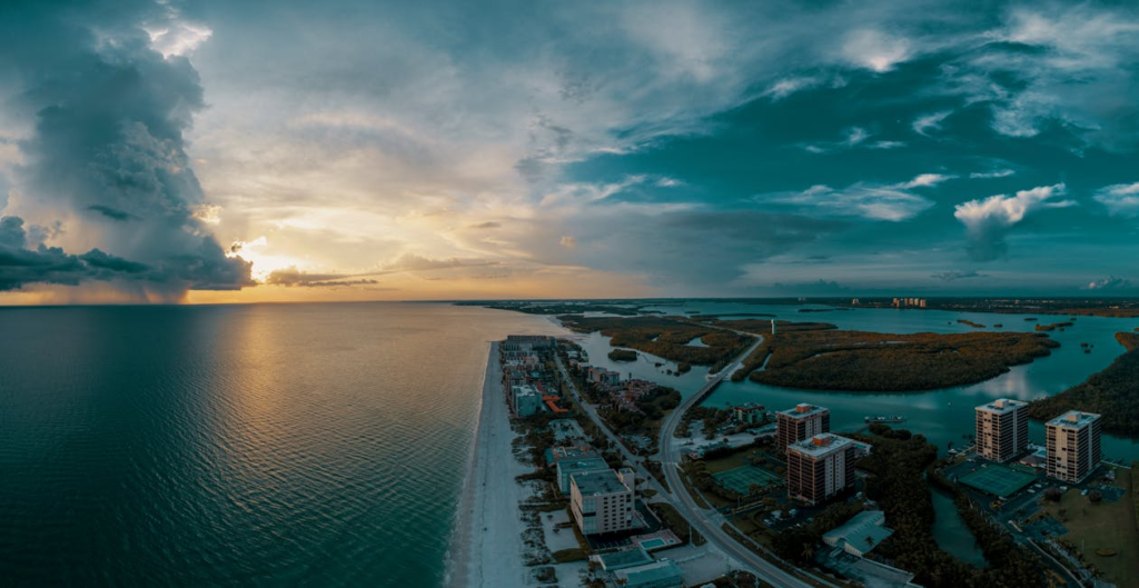 Buildings near a body of water