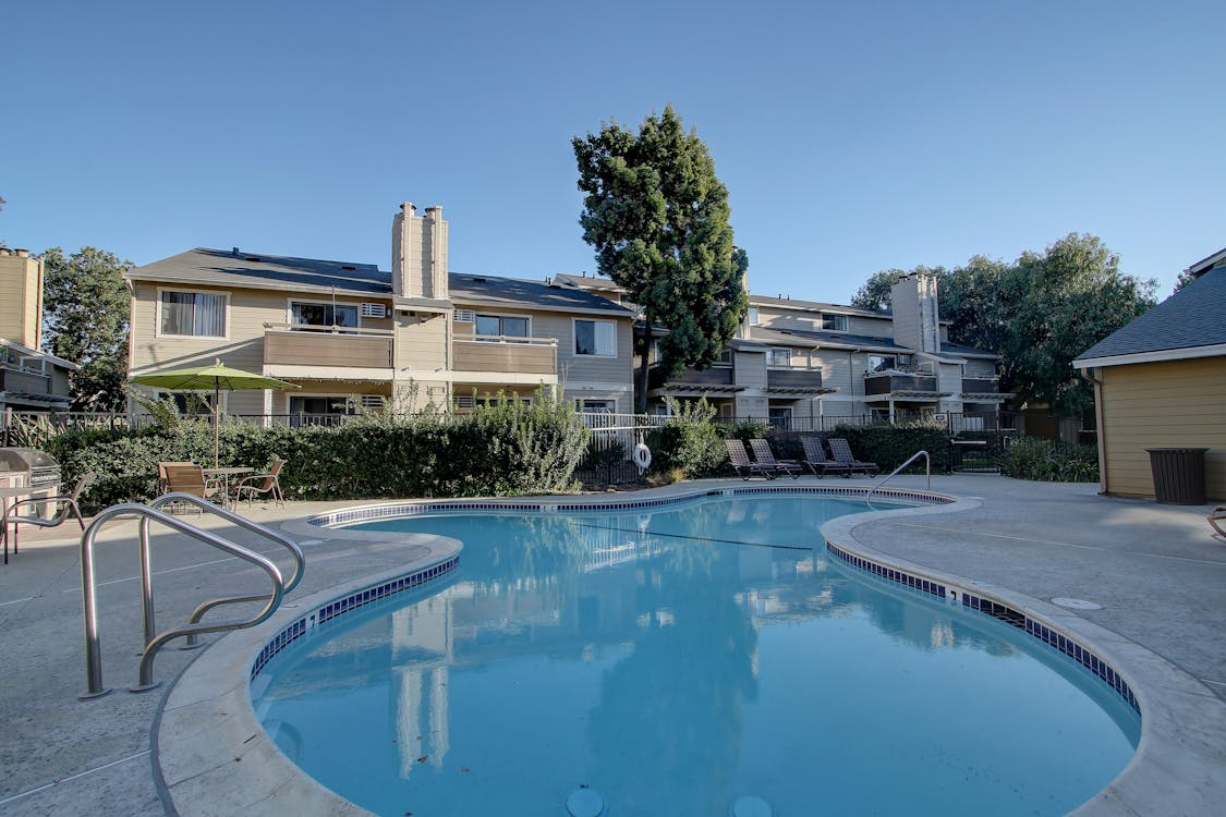A mansion with a swimming pool