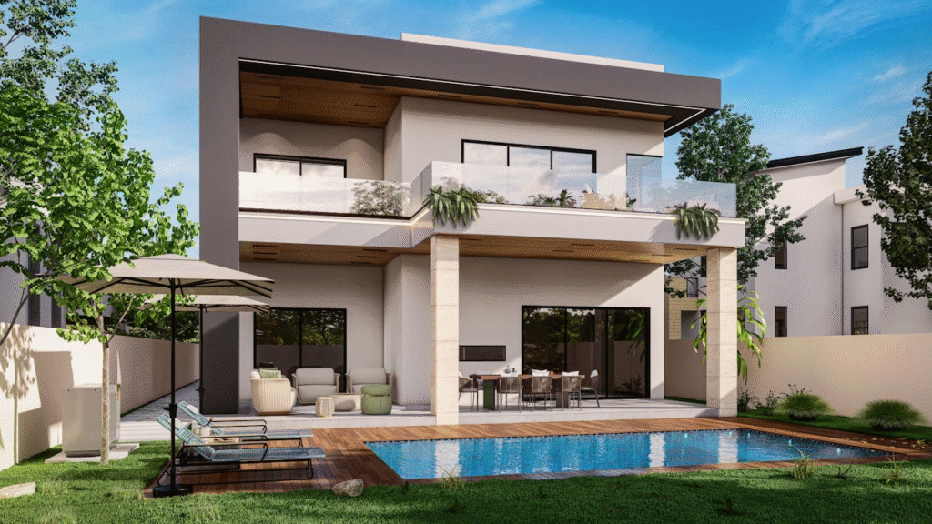 modern architecture house with a balcony and a private pool with patio furniture