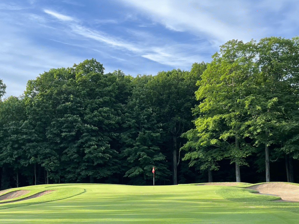 view of a golf course with green grass and tall trees with a golf post