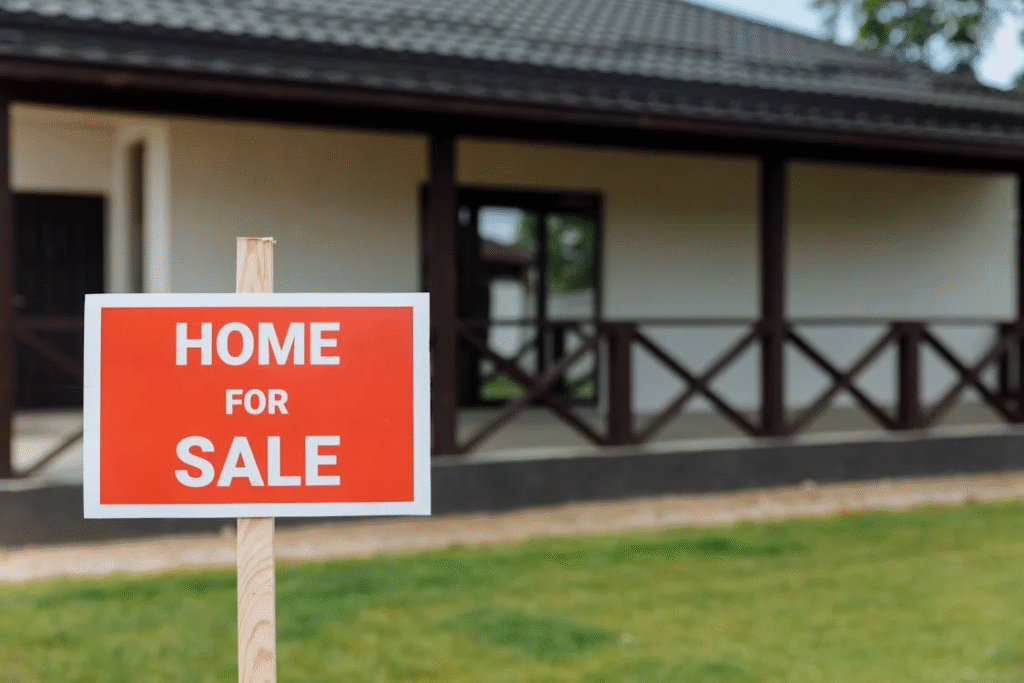 red home for sale sign placed outside a house in Palm Beach Gardens